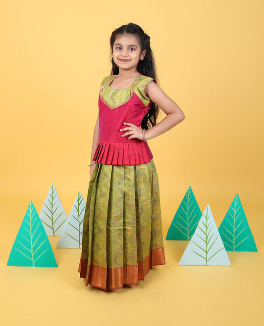 Green zari design readymade art silk pavadai, contrast traditional zari border & embroidery sleeveless blouse