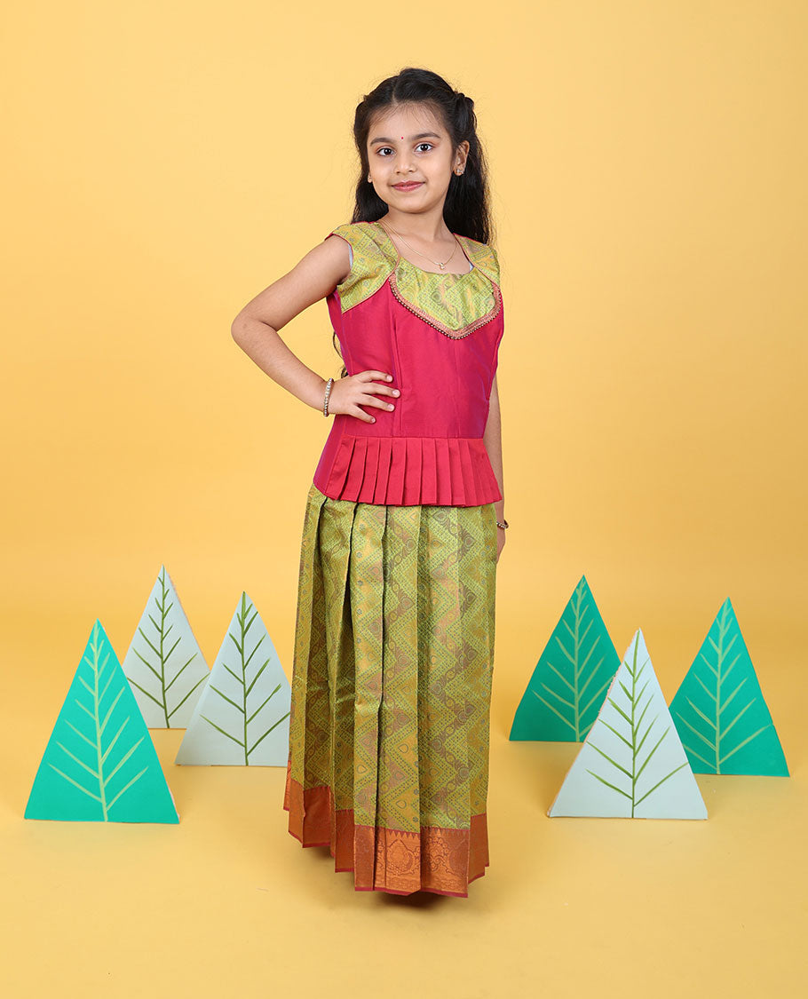 Green zari design readymade art silk pavadai, contrast traditional zari border & embroidery sleeveless blouse