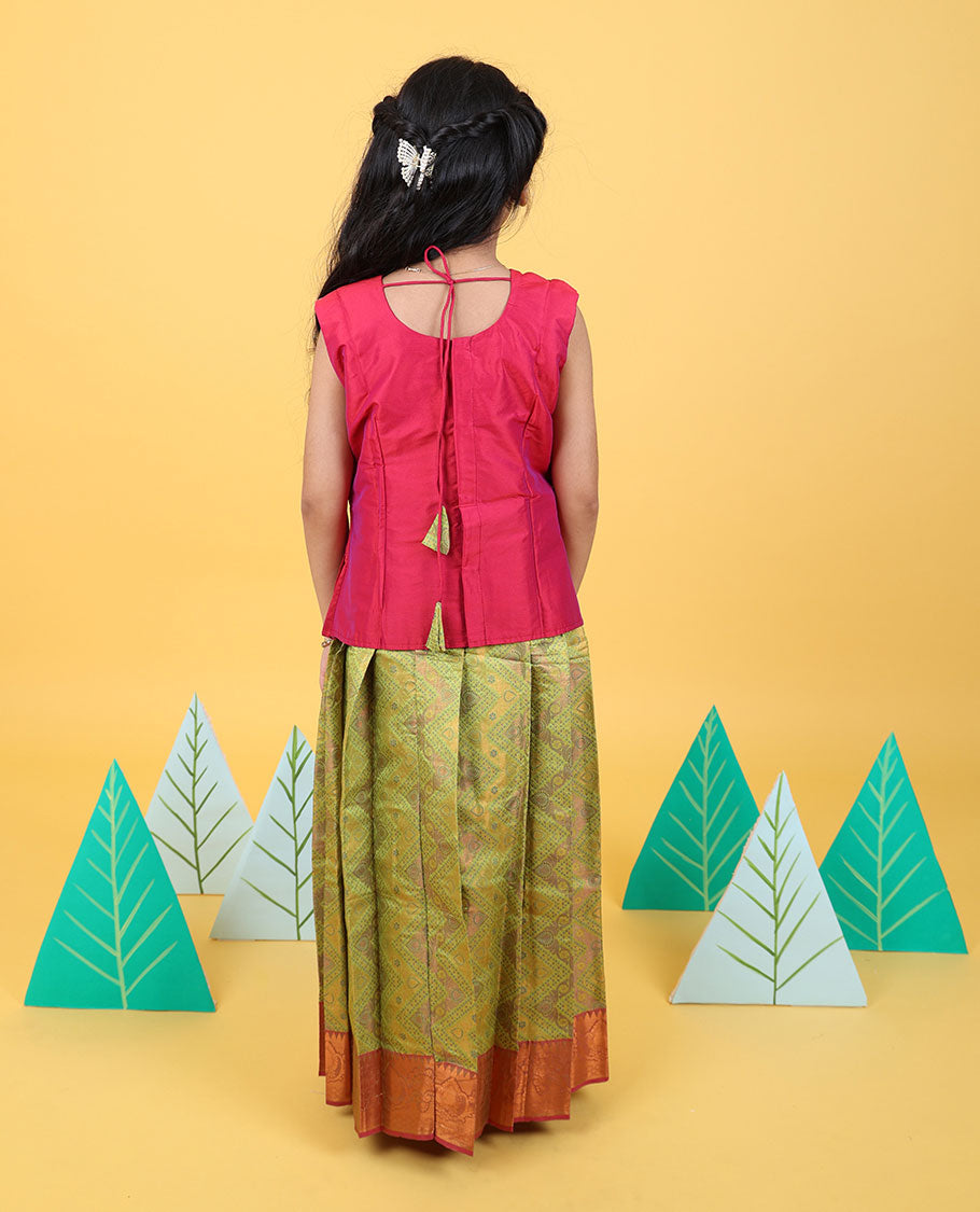 Green zari design readymade art silk pavadai, contrast traditional zari border & embroidery sleeveless blouse