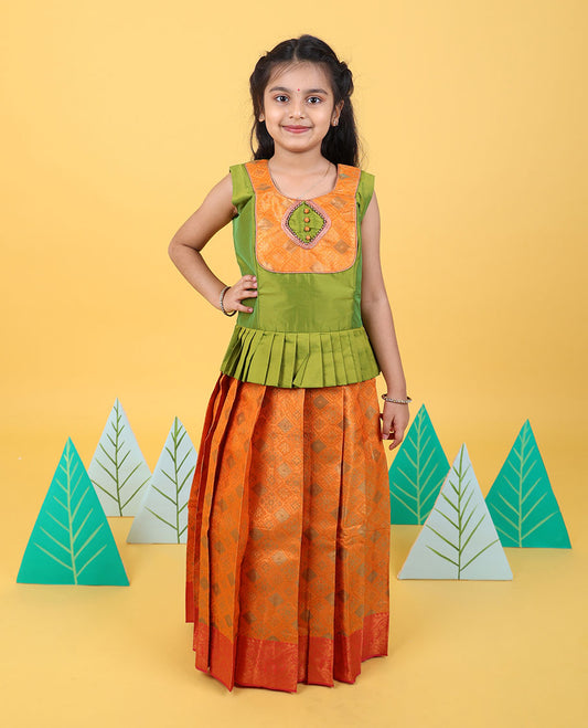 Orange zari design readymade art silk pavadai, contrast zari design border & embroidery sleeveless blouse
