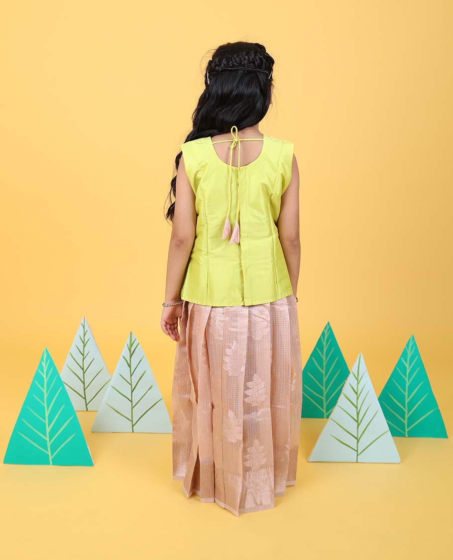 Light sandal floral butta readymade art silk pavadai with traditional zari border & contrast sleeveless blouse