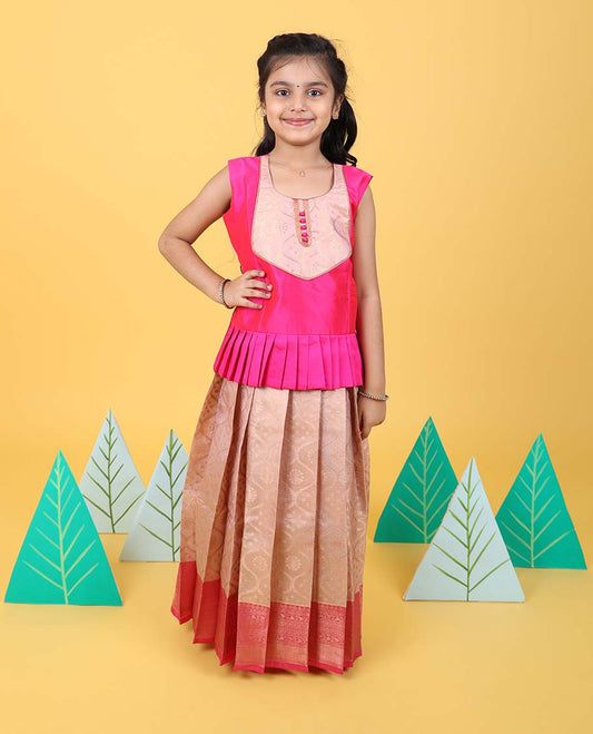 Pale brown ogee patterned readymade art silk pavadai with contrast traditional zari border & sleeveless blouse