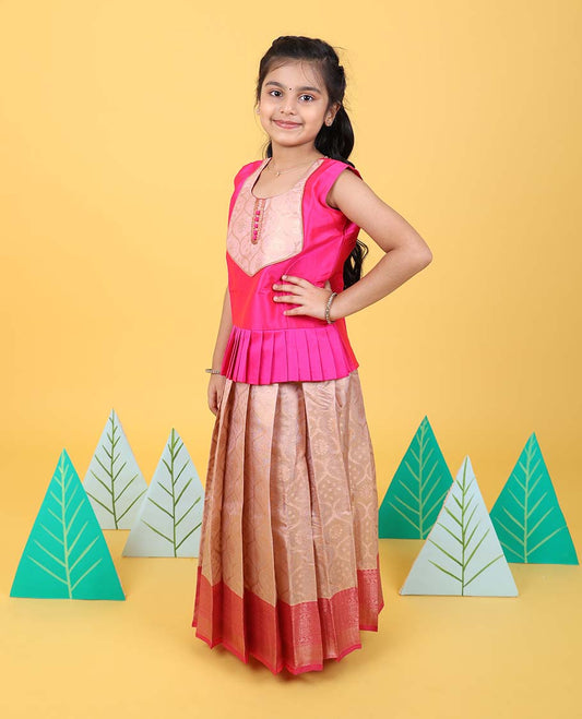 Pale brown ogee patterned readymade art silk pavadai with contrast traditional zari border & sleeveless blouse