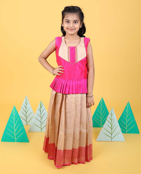 Sandal zari design readymade art silk pavadai with contrast traditional zari border & sleeveless blouse
