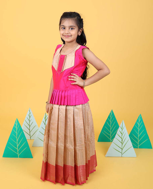 Sandal zari design readymade art silk pavadai with contrast traditional zari border & sleeveless blouse
