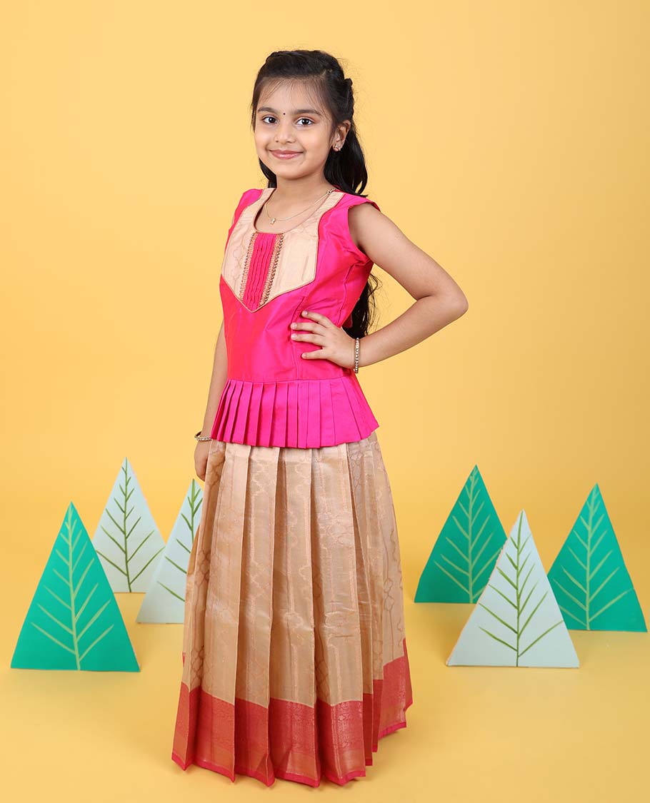 Sandal zari design readymade art silk pavadai with contrast traditional zari border & sleeveless blouse