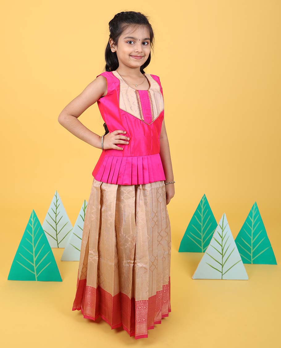 Sandal zari design readymade art silk pavadai with contrast traditional zari border & sleeveless blouse