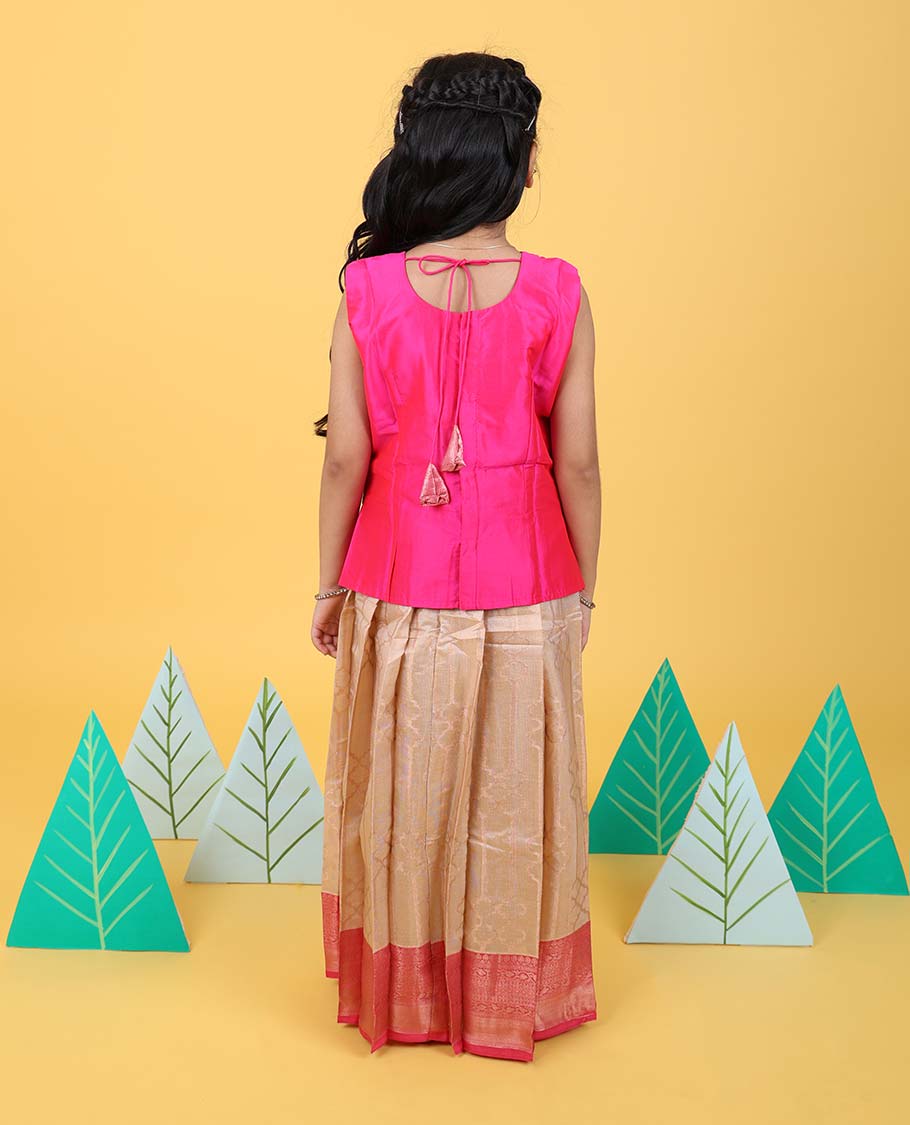 Sandal zari design readymade art silk pavadai with contrast traditional zari border & sleeveless blouse