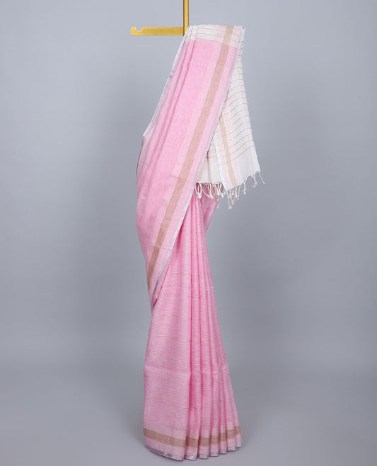 Pink striped linen saree, zari border & contrast pallu of stripes