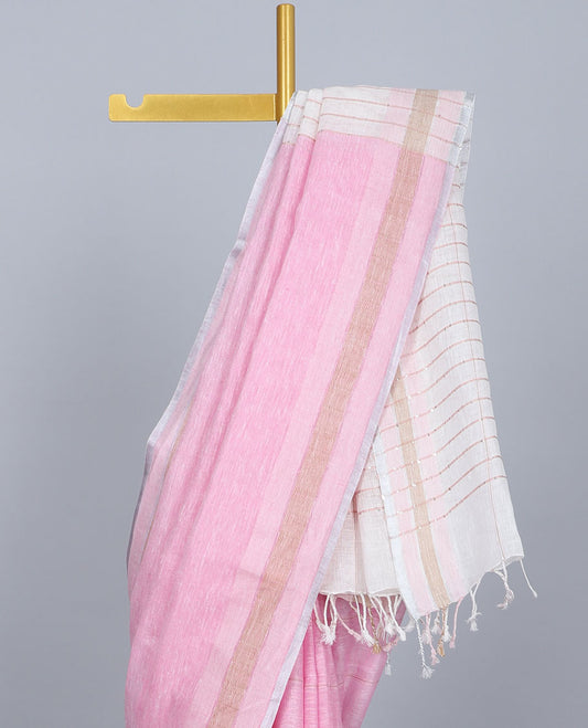 Pink striped linen saree, zari border & contrast pallu of stripes