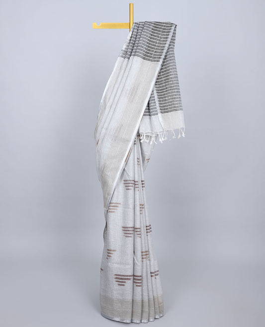Light grey linen saree with buttas, striped border & self-pallu of stripes