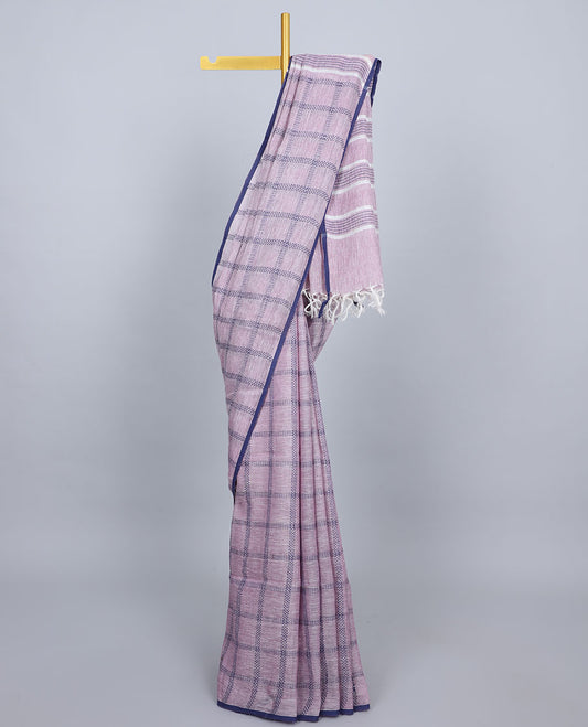 Borderless pale purple thread checked design linen saree, self-pallu of stripes