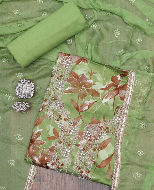 Green material chudidhar set, floral print & embroidered rayon top, plain bottom & embroidered dupatta