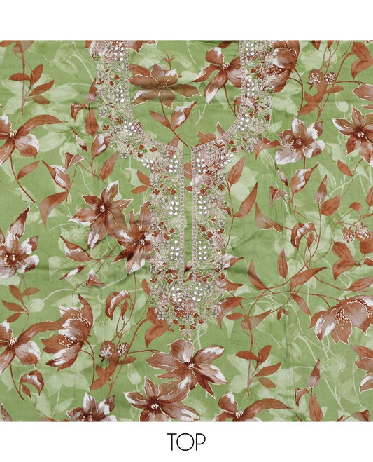 Green material chudidhar set, floral print & embroidered rayon top, plain bottom & embroidered dupatta