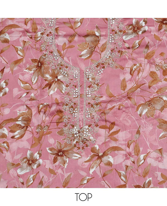 Pink material chudidhar set, floral print & embroidered rayon top, plain bottom & embroidered dupatta