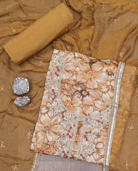 Brown material chudidhar set, floral print & embroidered rayon top, plain bottom & embroidered dupatta