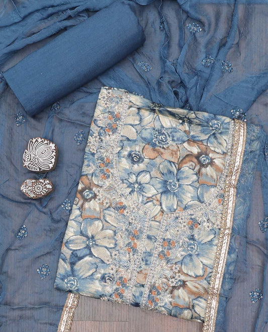 Blue material chudidhar set, floral print & embroidered rayon top, plain bottom & embroidered dupatta