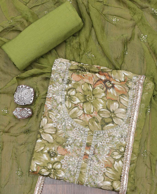 Green material chudidhar set, floral print & embroidered rayon top, plain bottom & embroidered dupatta