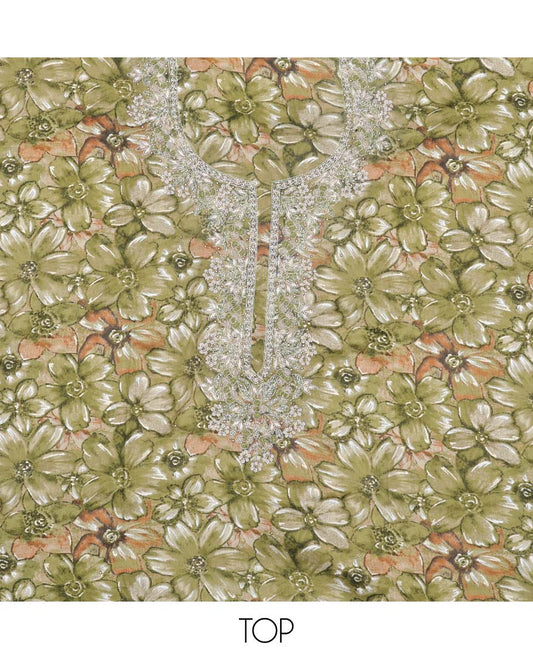 Green material chudidhar set, floral print & embroidered rayon top, plain bottom & embroidered dupatta
