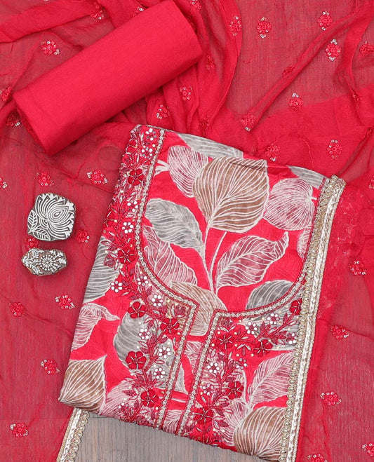 Pink material chudidhar set, leaf print & embroidered rayon top, plain bottom & embroidered dupatta