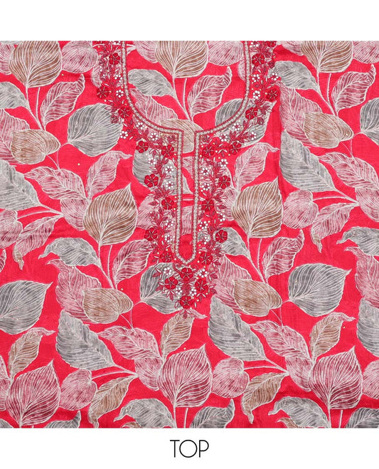 Pink material chudidhar set, leaf print & embroidered rayon top, plain bottom & embroidered dupatta