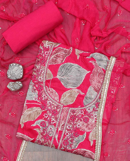 Pink material chudidhar set, leaf print & embroidered rayon top, plain bottom & embroidered dupatta