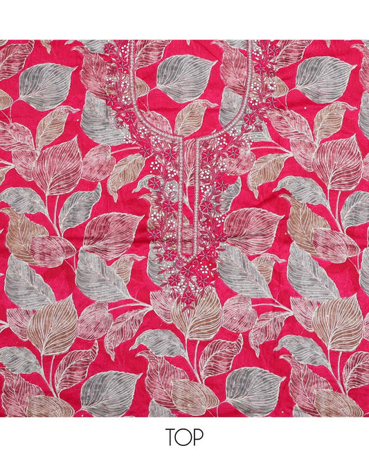 Pink material chudidhar set, leaf print & embroidered rayon top, plain bottom & embroidered dupatta