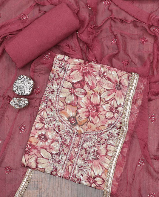 Pink material chudidhar set, floral printed & embroidered rayon top, plain bottom & embroidered dupatta