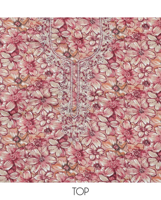 Pink material chudidhar set, floral printed & embroidered rayon top, plain bottom & embroidered dupatta