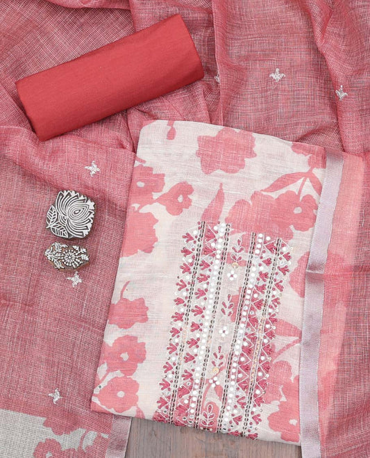 Pink material chudidhar set, floral print & neck embroidered cotton top, contrast plain bottom & thread work dupatta