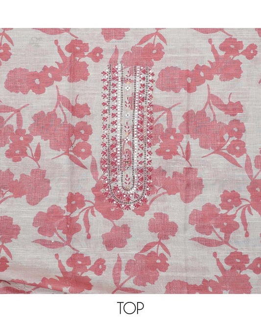 Pink material chudidhar set, floral print & neck embroidered cotton top, contrast plain bottom & thread work dupatta
