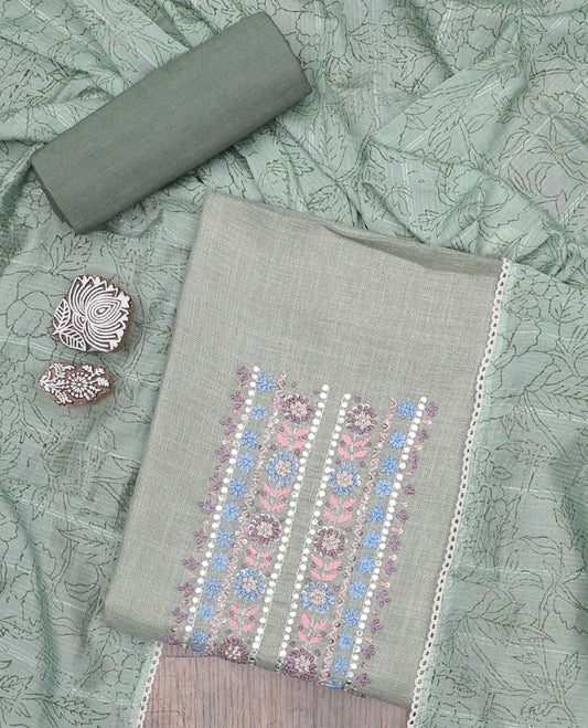 Grey material chudidhar set, neck embroidered cotton top, contrast plain bottom & floral printed dupatta