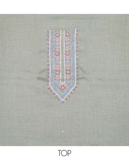 Grey material chudidhar set, neck embroidered cotton top, contrast plain bottom & floral printed dupatta