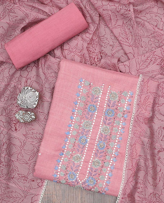 Pink material chudidhar set, neck embroidered cotton top, contrast plain bottom & floral printed dupatta
