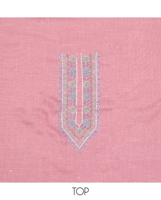 Pink material chudidhar set, neck embroidered cotton top, contrast plain bottom & floral printed dupatta