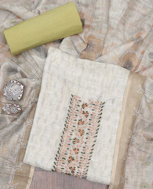 Cream material chudidhar set, unique print & neck embroidered cotton top, contrast plain bottom & floral design dupatta