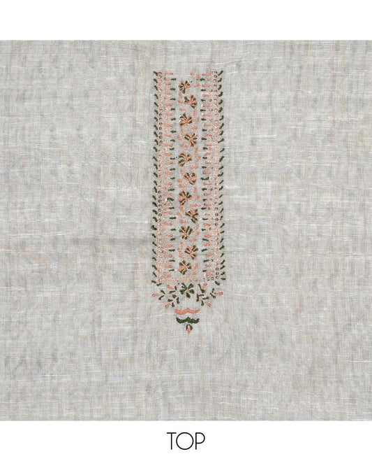 Cream material chudidhar set, unique print & neck embroidered cotton top, contrast plain bottom & floral design dupatta
