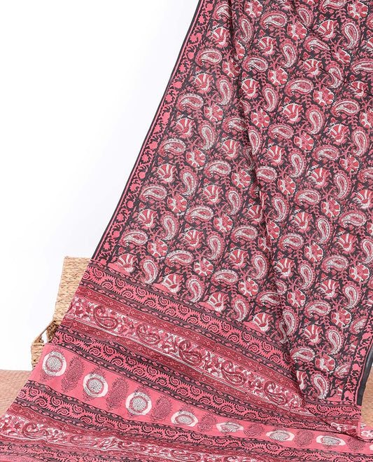 Black paisley printed cotton saree, floral creeper border & pallu of paisley print 