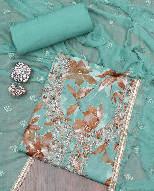 Blue material chudidhar set, floral vine printed & neck embroidery cotton top,plain bottom & sequins embroidery dupatta