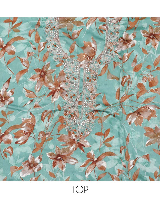 Blue material chudidhar set, floral vine printed & neck embroidery cotton top,plain bottom & sequins embroidery dupatta