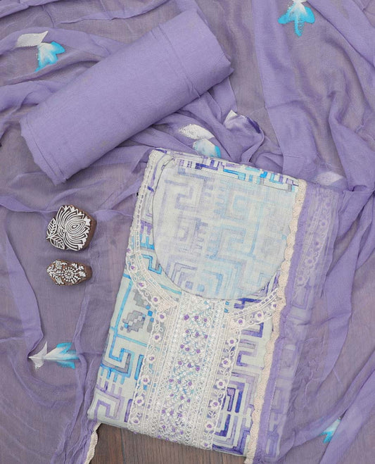 Multi-color material chudidhar set, geometric printed & embroidery top, contrast plain bottom & uniquely printed dupatta