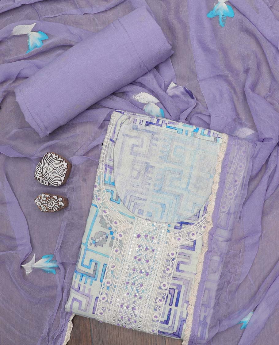 Multi-color material chudidhar set, geometric printed & embroidery top, contrast plain bottom & uniquely printed dupatta