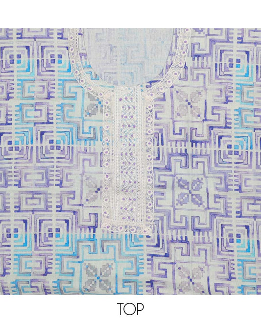 Multi-color material chudidhar set, geometric printed & embroidery top, contrast plain bottom & uniquely printed dupatta