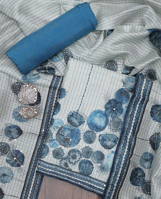Off-white material chudidhar,floral printed & embroidery top,contrast plain bottom & floral printed & embroidery dupatta