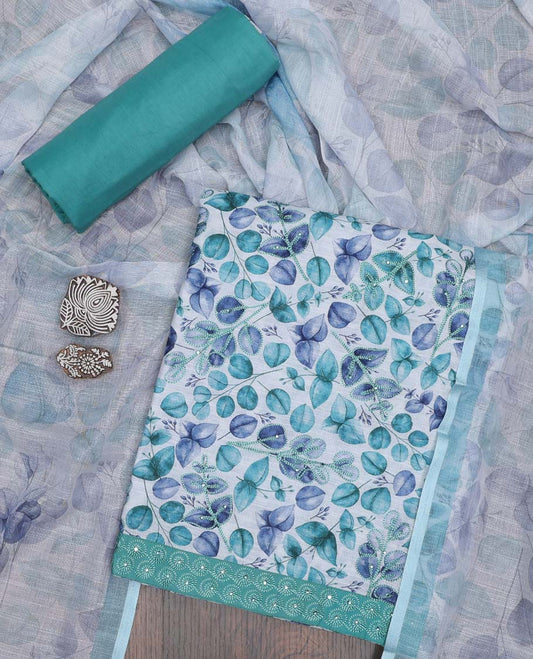 Multi-color material chudidhar set,leaf print & embroidery top,contrast plain bottom & leaf printed dupatta