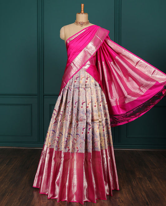 Blue jacquard art-silk half saree, contrast traditional zari border, zari design blouse & intricately designed dhavani
