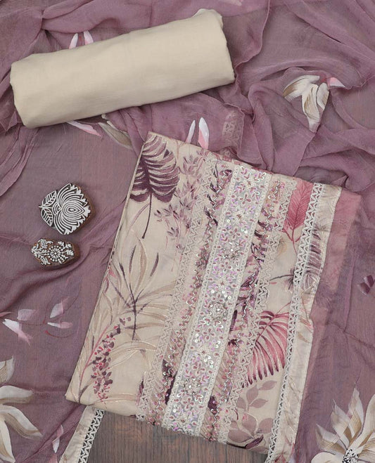 Sandal material chudidhar set, floral vine printed & embroidery cotton top, plain bottom & floral printed dupatta
