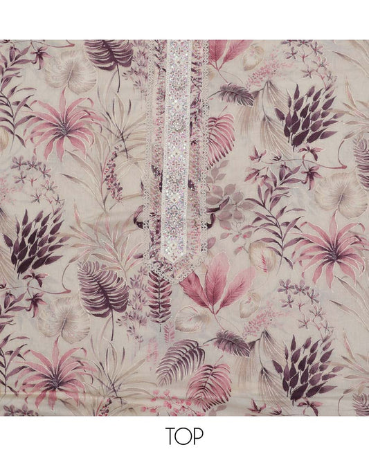 Sandal material chudidhar set, floral vine printed & embroidery cotton top, plain bottom & floral printed dupatta