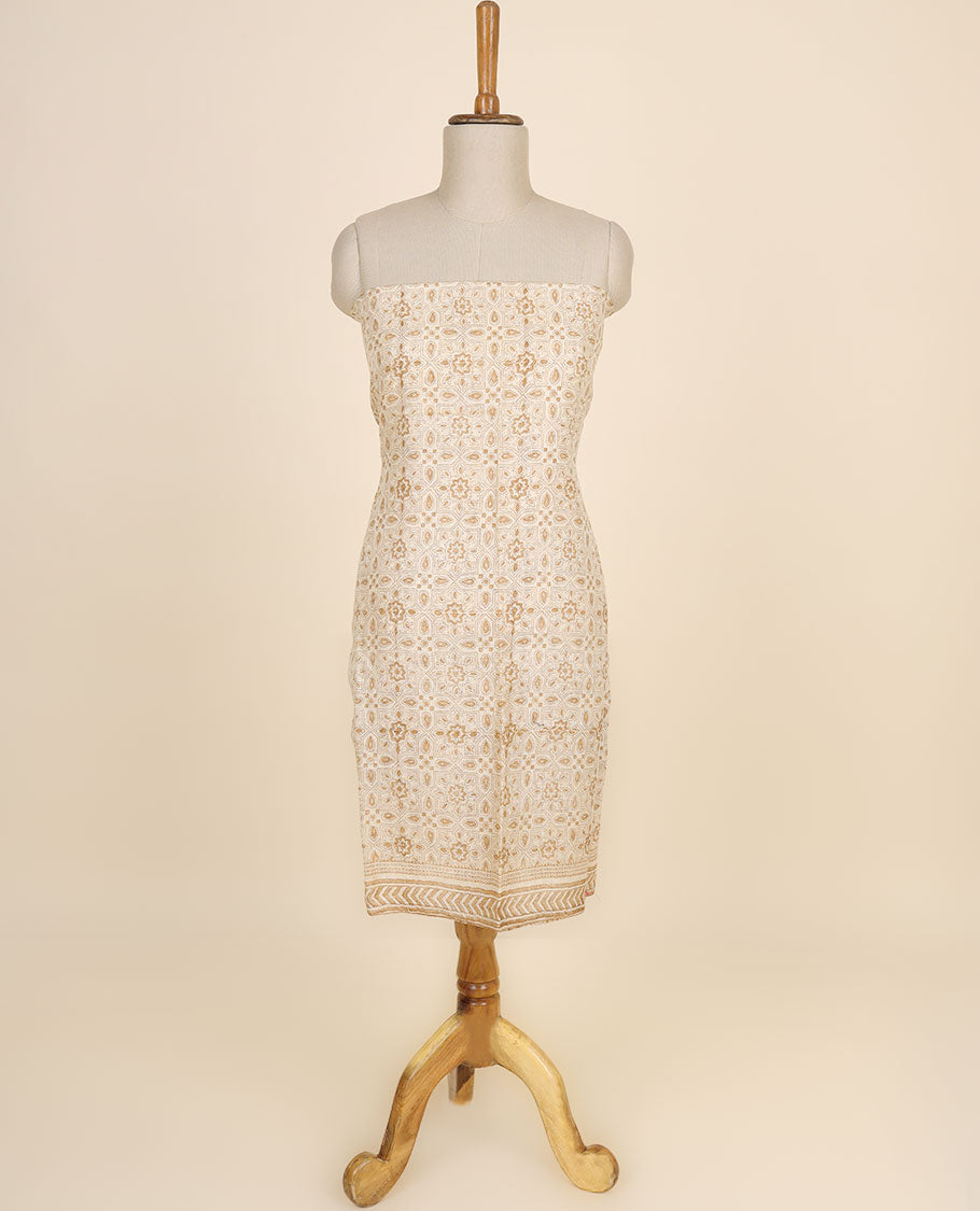 Sandal material chudidhar set, intricate design top, plain bottom & floral vine & geometric design dupatta