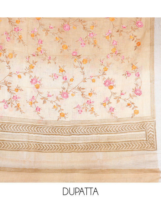 Sandal material chudidhar set, intricate design top, plain bottom & floral vine & geometric design dupatta